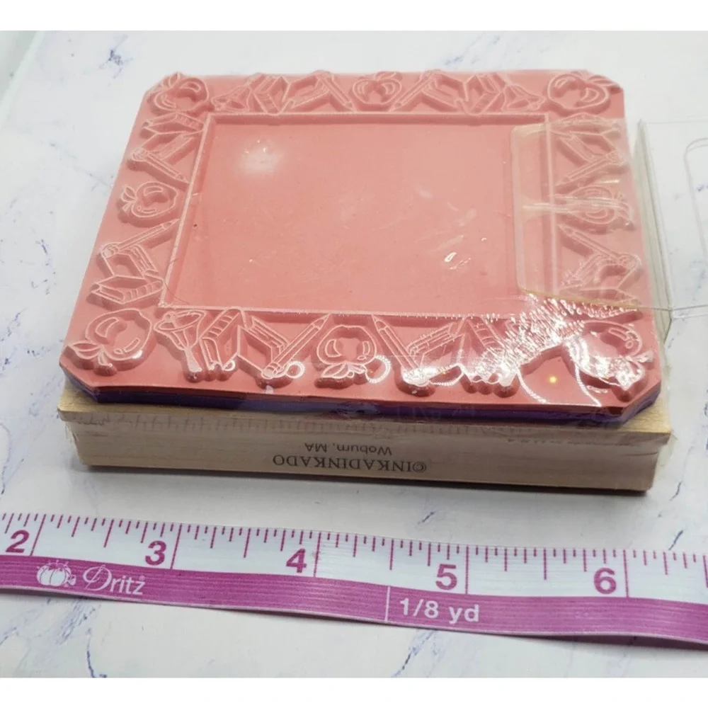 School Theme Frame Pencils Books and Apples Inkadinkadoo Mounted Rubber Stamp